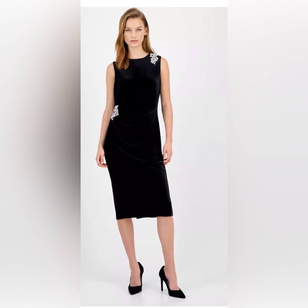 Anne Klein Black Velvet Rhinestone Chic Midi Evening Elegant Party Dress 16